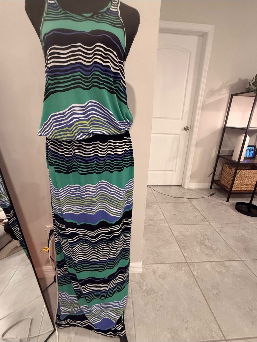 Tori Richard Striped Maxi Dress in Teal, Navy, White and Green